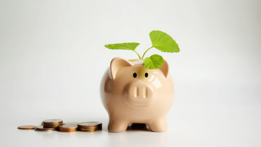 Na imagem, um cofre em formato de porquinho tem uma planta nascendo de seu interior, com algumas moedas no seu lado esquerdo, associando ao tema central do artigo: Finança Saudável.
